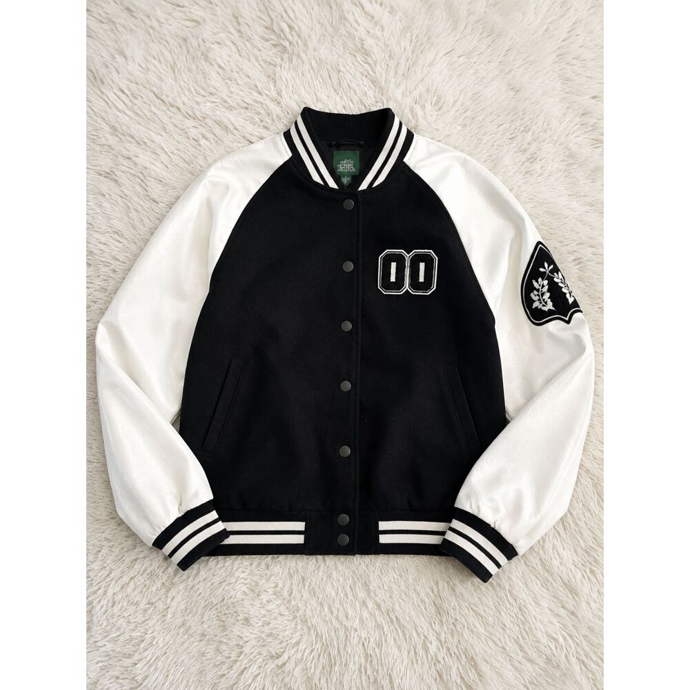 Wild Fable Women's Varsity Letterman Jacket Black White Faux Leather Size S
